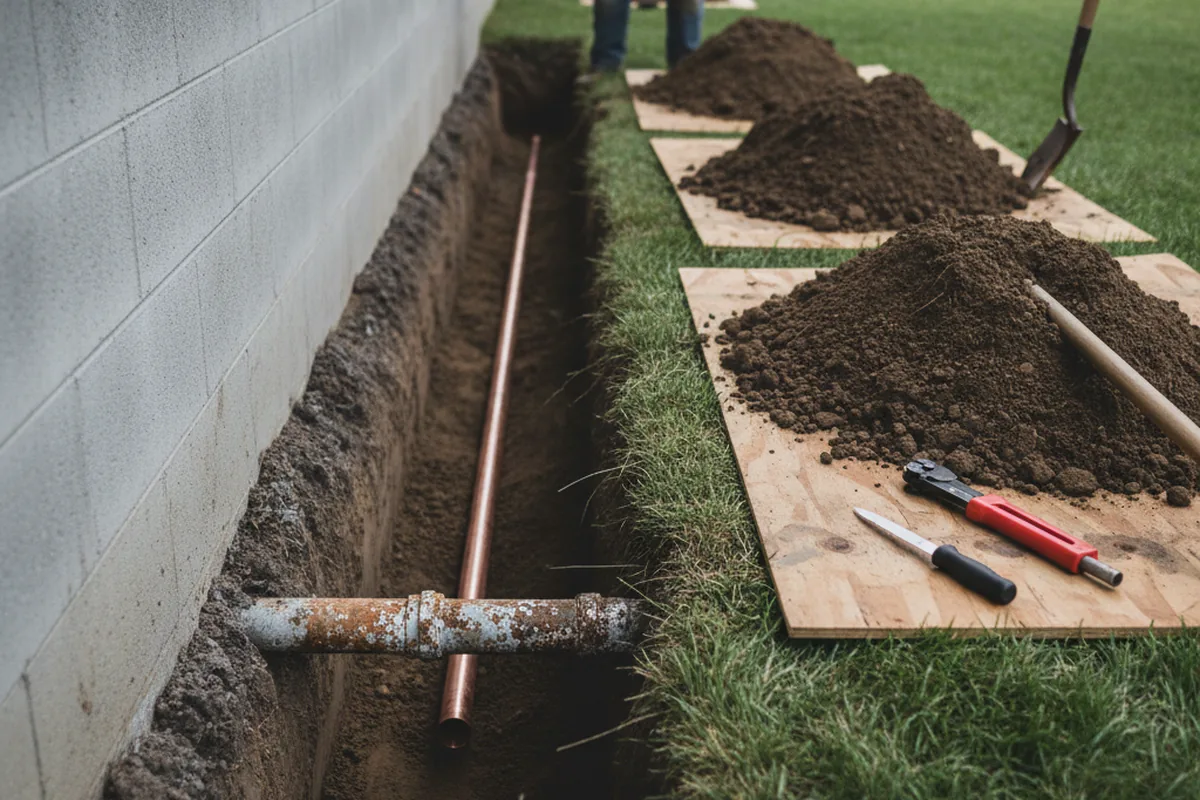 Excavated water line trench during Water Heater Repair in Trimble